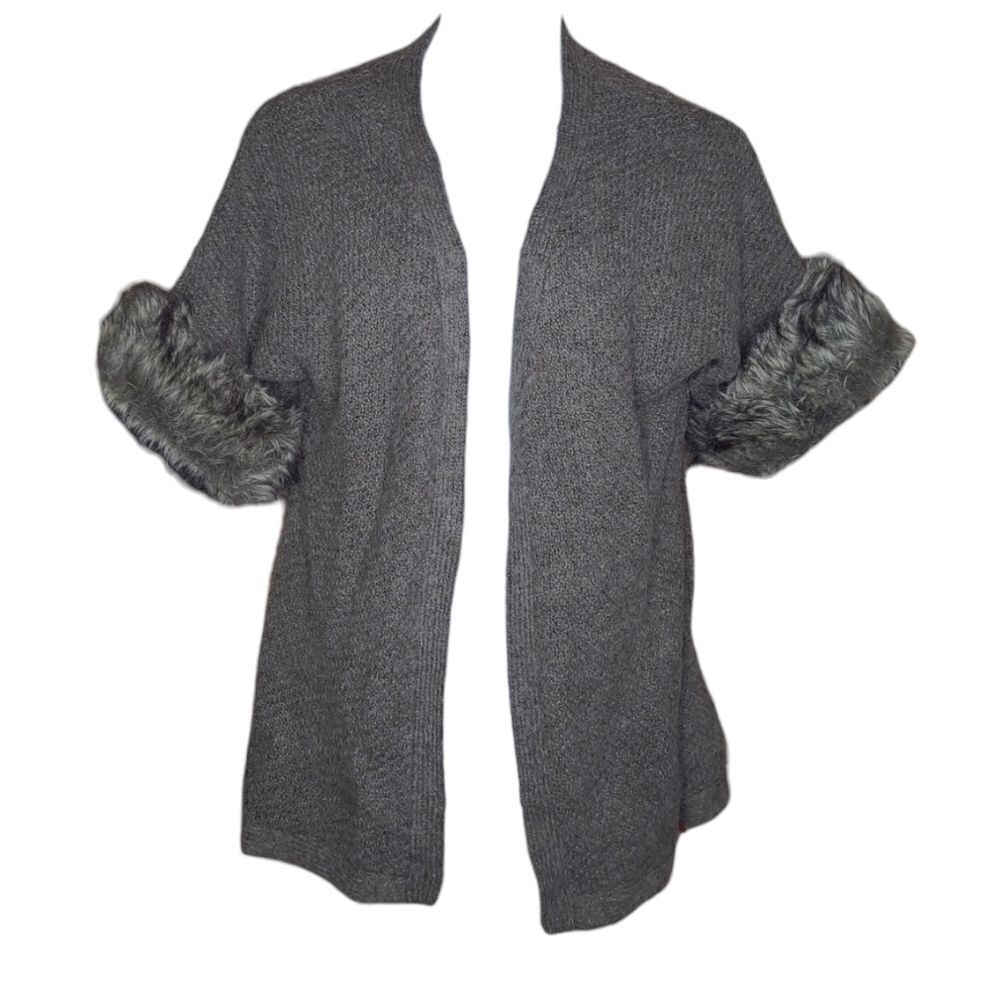 KENAR alpaca blend furry cuff open front neutral knit cardigan sweater M